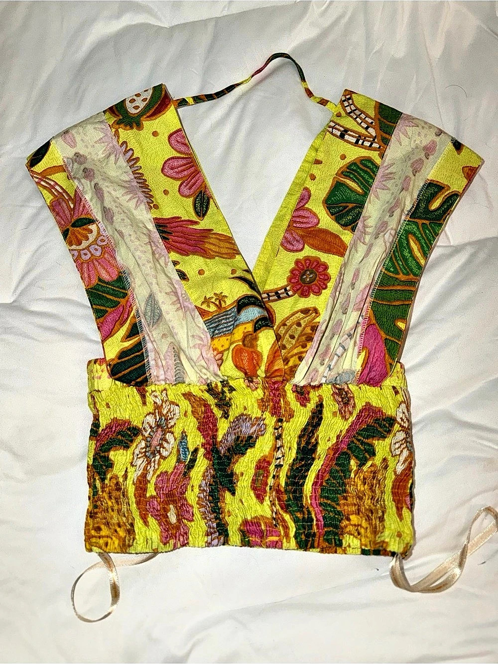 Farm Rio Fruit Garden Smocked Halter Top Yellow & Pink NWT